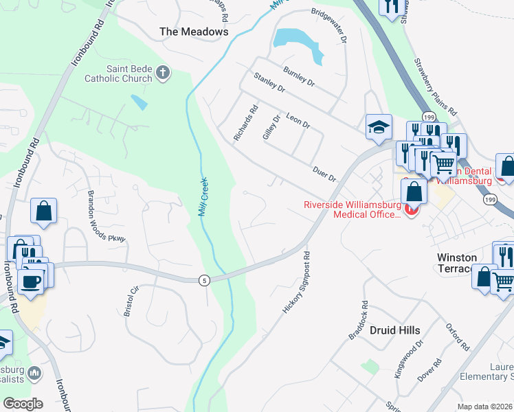map of restaurants, bars, coffee shops, grocery stores, and more near 11 Foxcroft Road in Williamsburg