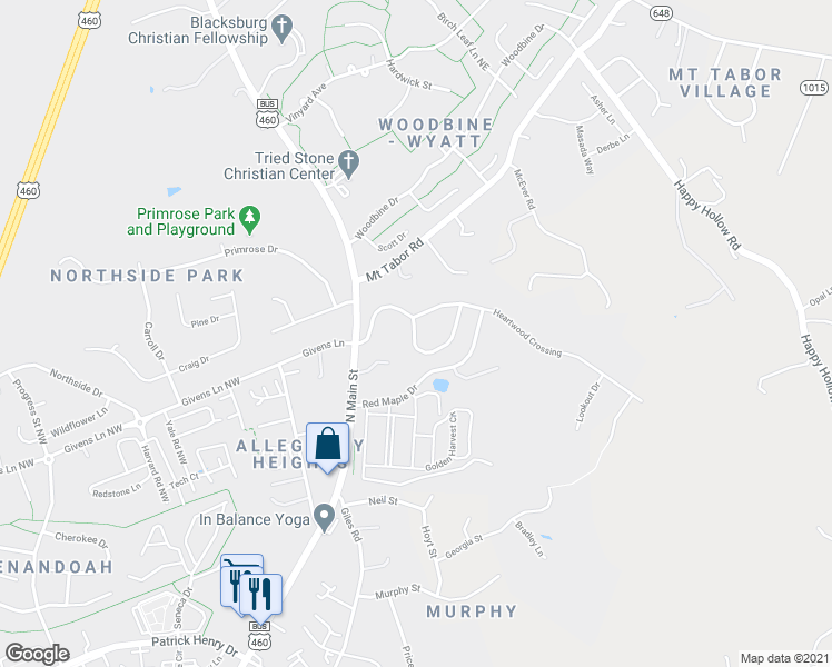 map of restaurants, bars, coffee shops, grocery stores, and more near 204 Mountain Breeze Drive in Blacksburg