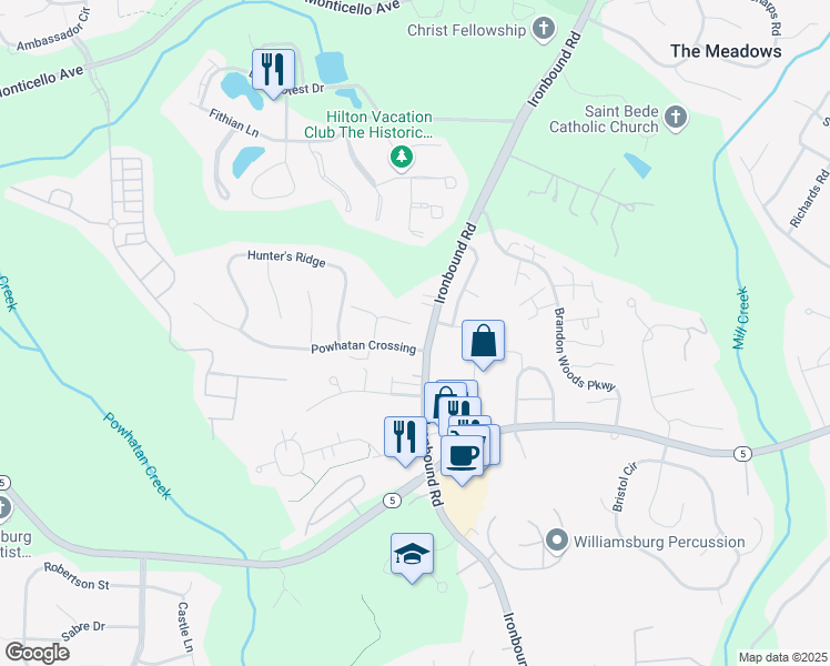 map of restaurants, bars, coffee shops, grocery stores, and more near 4400 Powhatan Crossing in Williamsburg