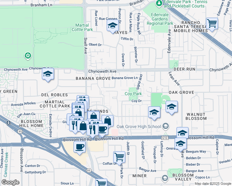 map of restaurants, bars, coffee shops, grocery stores, and more near 293 Tradewinds Drive in San Jose