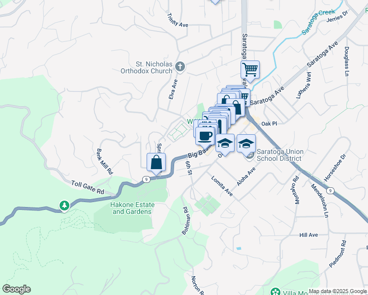 map of restaurants, bars, coffee shops, grocery stores, and more near 14637 Big Basin Way in Saratoga