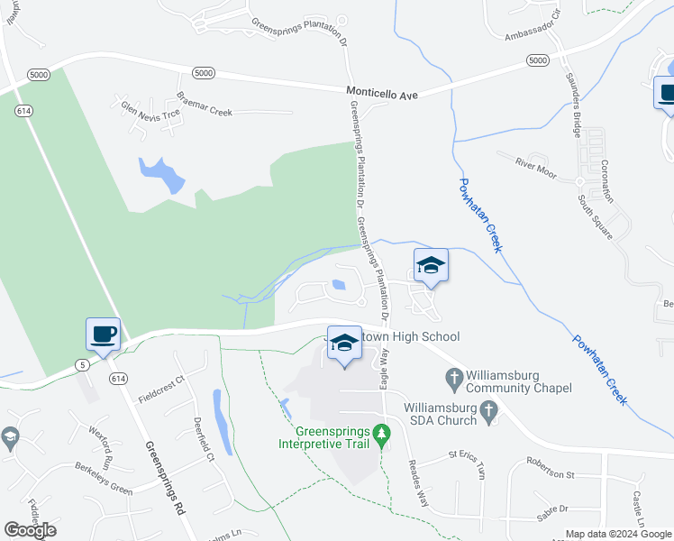 map of restaurants, bars, coffee shops, grocery stores, and more near 125 Shoal Creek in Williamsburg