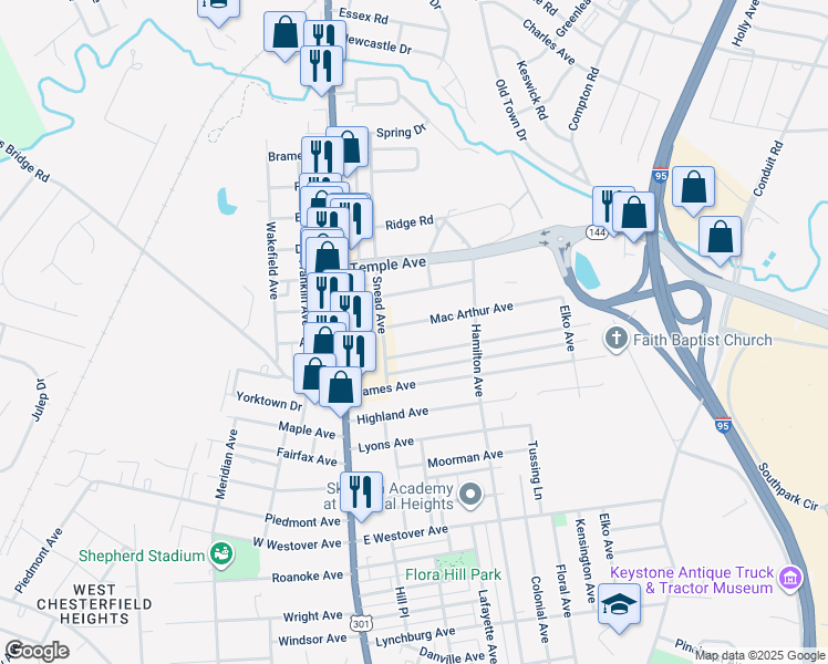 map of restaurants, bars, coffee shops, grocery stores, and more near 204 Mac Arthur Avenue in Colonial Heights