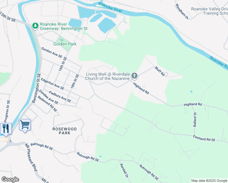 map of restaurants, bars, coffee shops, grocery stores, and more near 2133 Riverdale Road Southeast in Roanoke
