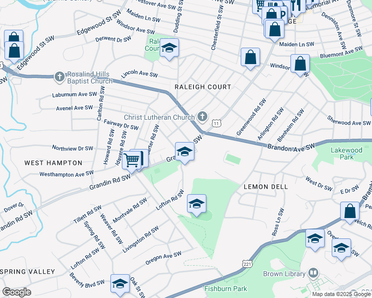 map of restaurants, bars, coffee shops, grocery stores, and more near 2198 Grandin Road Southwest in Roanoke