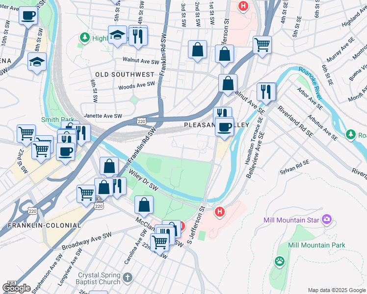 map of restaurants, bars, coffee shops, grocery stores, and more near Riverside Circle in Roanoke