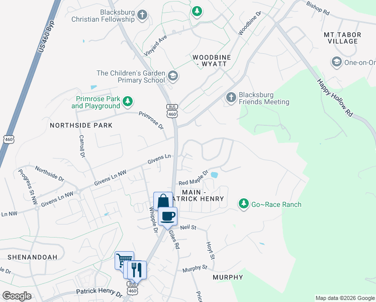 map of restaurants, bars, coffee shops, grocery stores, and more near 201 Heartwood Crossing in Blacksburg