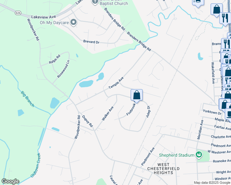 map of restaurants, bars, coffee shops, grocery stores, and more near 3800 Julep Drive in Ettrick