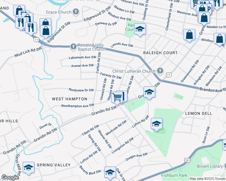 map of restaurants, bars, coffee shops, grocery stores, and more near 2344 Idavere Road Southwest in Roanoke