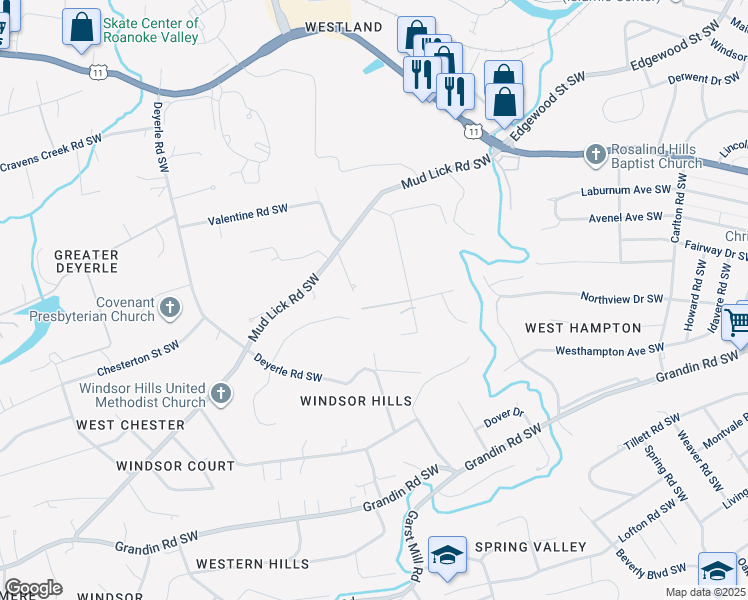 map of restaurants, bars, coffee shops, grocery stores, and more near 3341 Hidden Oak Road Southwest in Roanoke