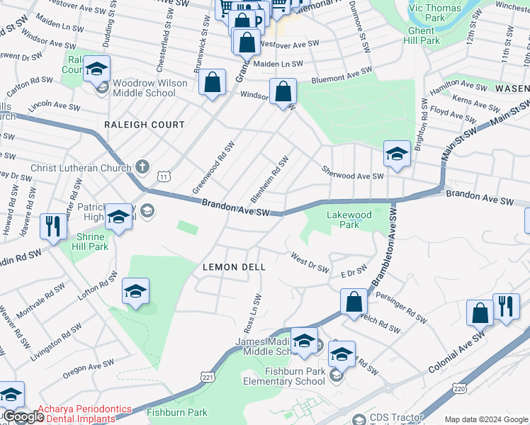 map of restaurants, bars, coffee shops, grocery stores, and more near 1621 Brandon Avenue Southwest in Roanoke