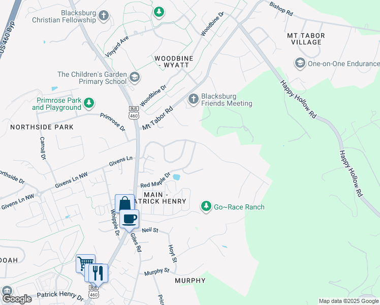 map of restaurants, bars, coffee shops, grocery stores, and more near 412 Red Maple Drive in Blacksburg