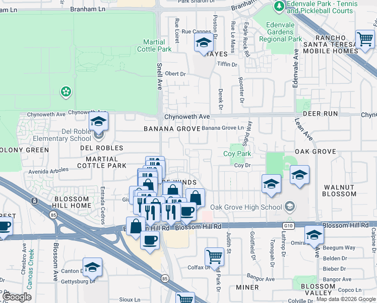 map of restaurants, bars, coffee shops, grocery stores, and more near 5305 Dexter Drive in San Jose