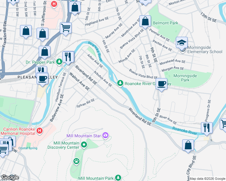 map of restaurants, bars, coffee shops, grocery stores, and more near 631 Arbutus Avenue Southeast in Roanoke