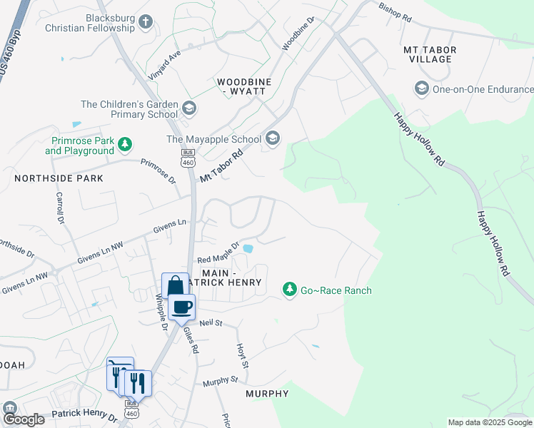 map of restaurants, bars, coffee shops, grocery stores, and more near 412 Red Maple Drive in Blacksburg