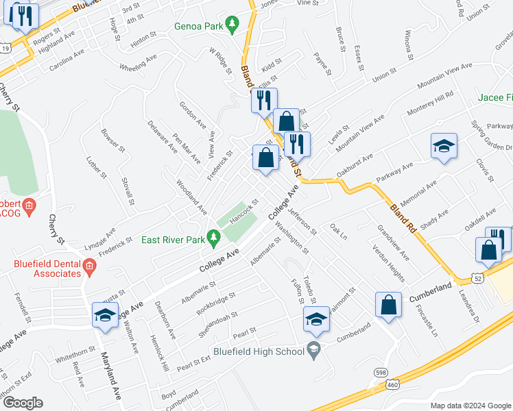 map of restaurants, bars, coffee shops, grocery stores, and more near 329 Hancock Street in Bluefield
