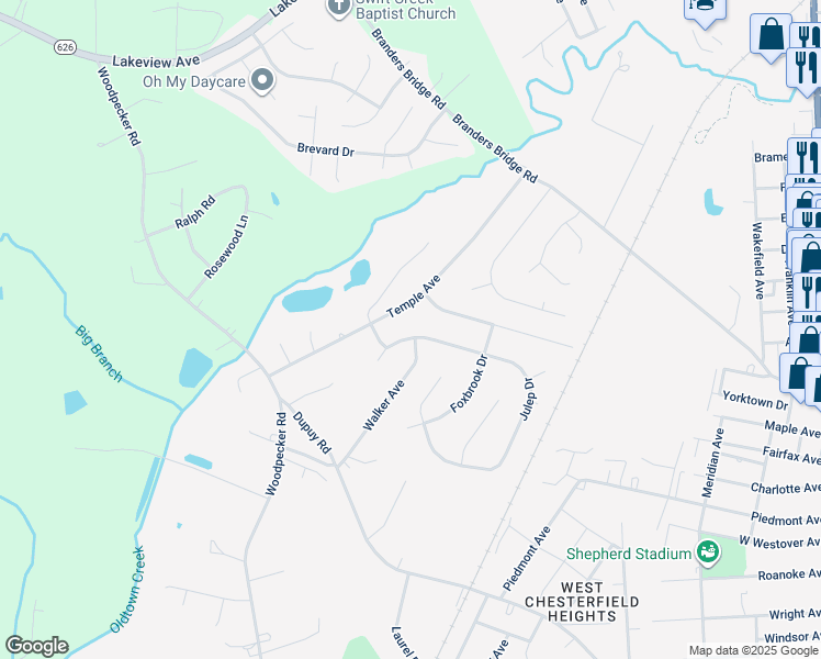map of restaurants, bars, coffee shops, grocery stores, and more near 3800 Julep Drive in Ettrick