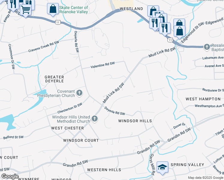 map of restaurants, bars, coffee shops, grocery stores, and more near 3523 Mud Lick Road Southwest in Roanoke