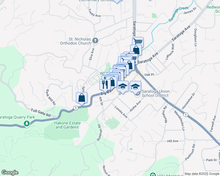 map of restaurants, bars, coffee shops, grocery stores, and more near 20649 4th Street in Saratoga