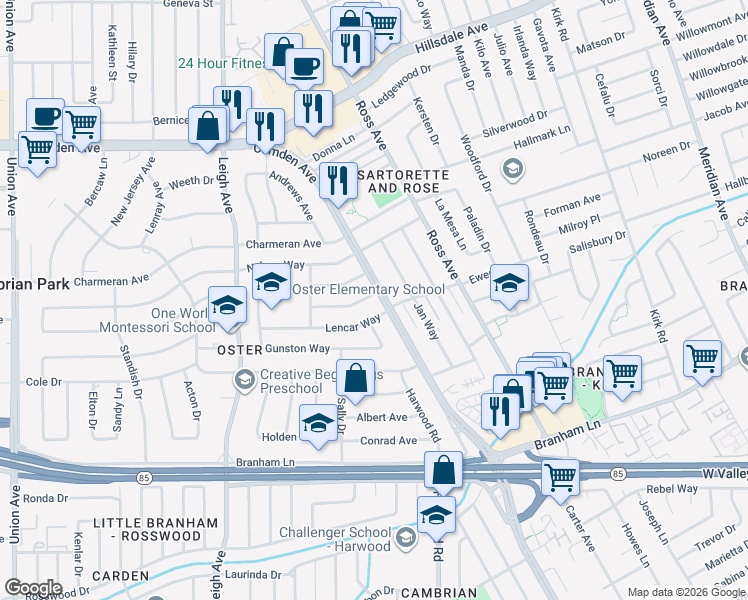 map of restaurants, bars, coffee shops, grocery stores, and more near 1800 Terri Way in San Jose
