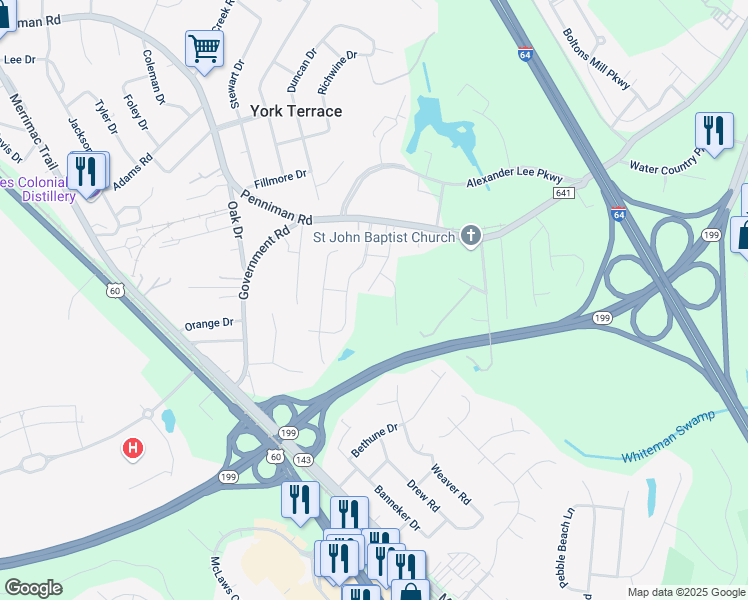map of restaurants, bars, coffee shops, grocery stores, and more near 1337 Penniman Road in Williamsburg