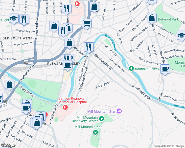 map of restaurants, bars, coffee shops, grocery stores, and more near 505 Camilla Avenue Southeast in Roanoke