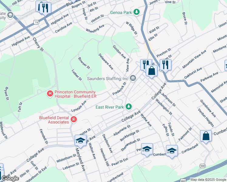 map of restaurants, bars, coffee shops, grocery stores, and more near 620 Lyndale Avenue in Bluefield