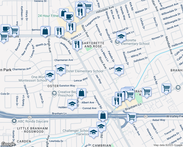 map of restaurants, bars, coffee shops, grocery stores, and more near 4192 Camden Avenue in San Jose