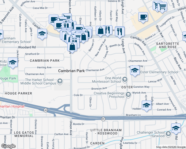 map of restaurants, bars, coffee shops, grocery stores, and more near 14784 Charmeran Avenue in San Jose