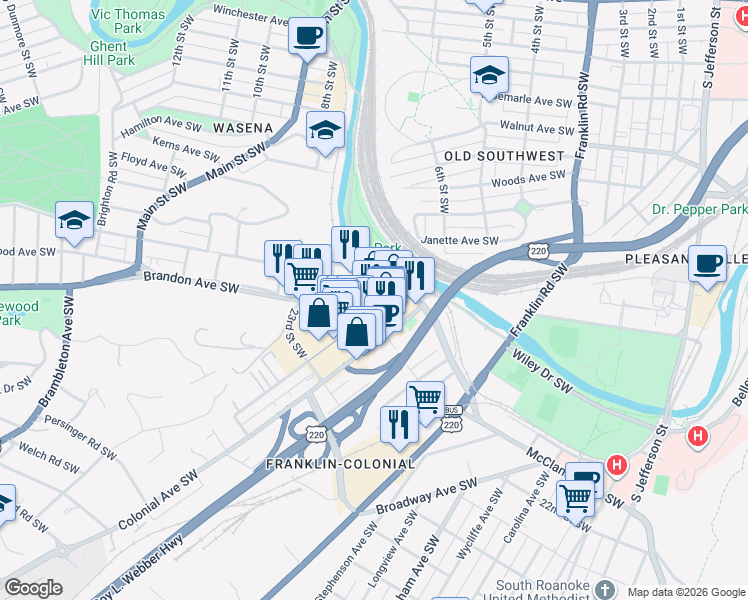 map of restaurants, bars, coffee shops, grocery stores, and more near 673 Brandon Avenue Southwest in Roanoke