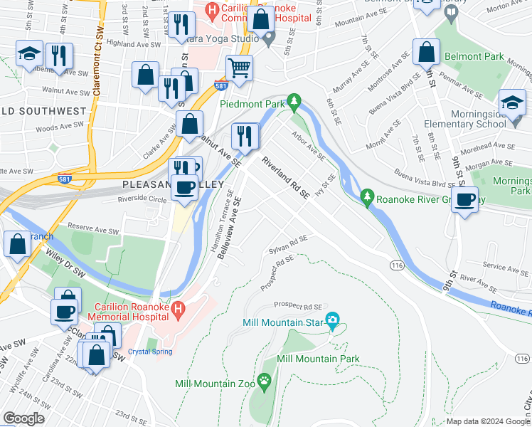 map of restaurants, bars, coffee shops, grocery stores, and more near 514 Camilla Avenue Southeast in Roanoke