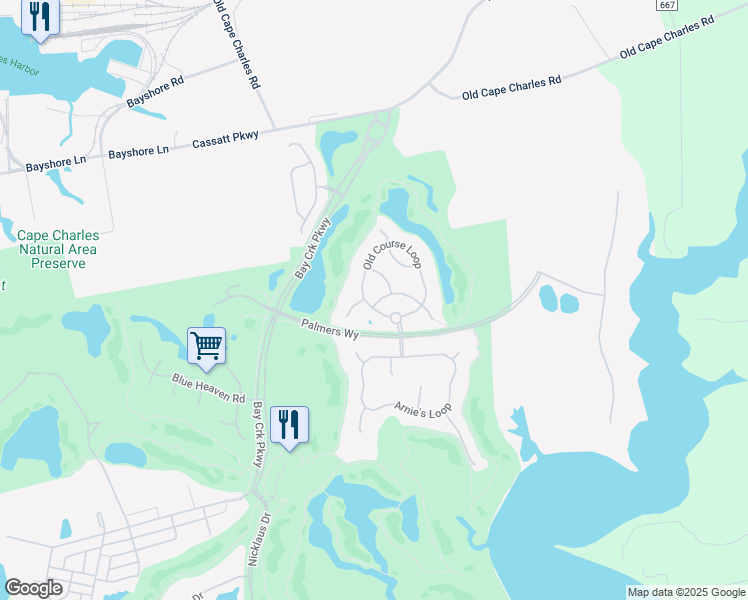 map of restaurants, bars, coffee shops, grocery stores, and more near 702 Prestwick Turn in Cape Charles