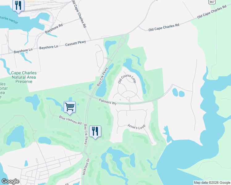 map of restaurants, bars, coffee shops, grocery stores, and more near 106 Old Course Loop in Cape Charles