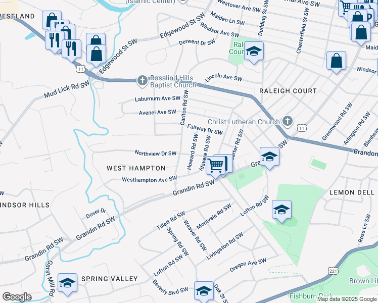 map of restaurants, bars, coffee shops, grocery stores, and more near 2347 Howard Road Southwest in Roanoke