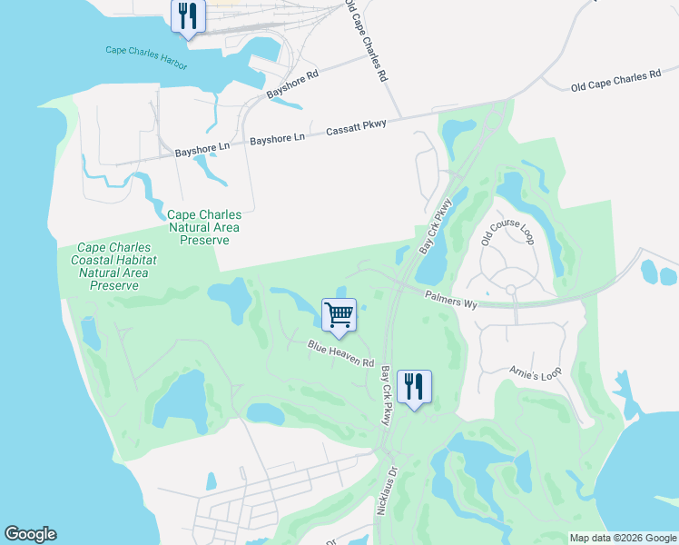map of restaurants, bars, coffee shops, grocery stores, and more near 13 Burford Court in Cape Charles