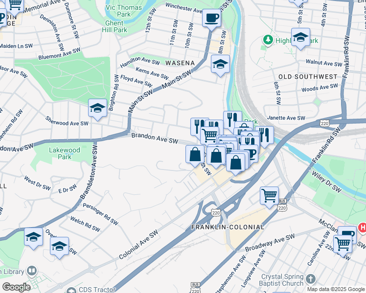 map of restaurants, bars, coffee shops, grocery stores, and more near 728 Brandon Avenue Southwest in Roanoke