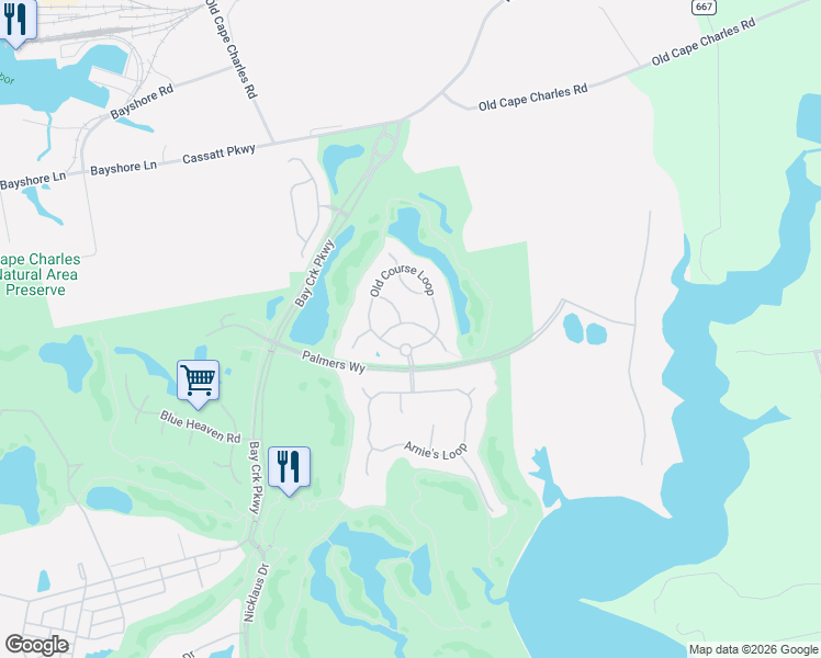 map of restaurants, bars, coffee shops, grocery stores, and more near 823 Turnberry Arch in Cape Charles