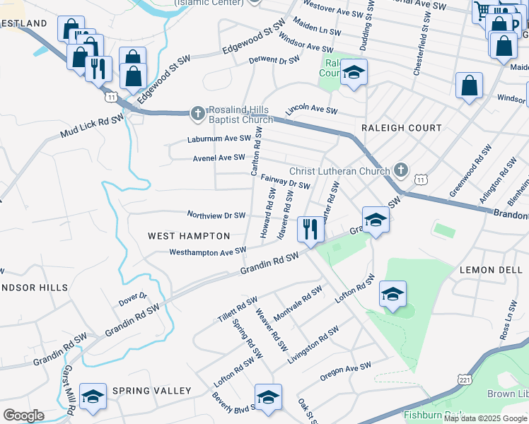 map of restaurants, bars, coffee shops, grocery stores, and more near 2347 Howard Road Southwest in Roanoke