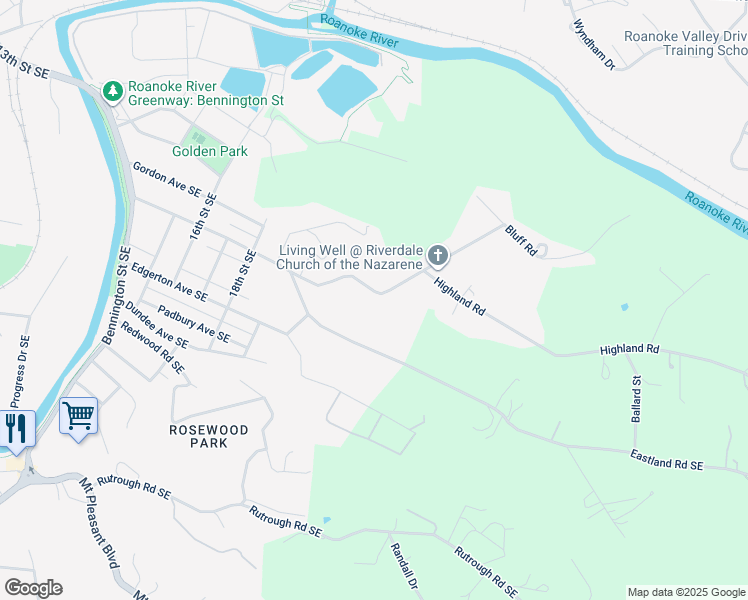map of restaurants, bars, coffee shops, grocery stores, and more near 2133 Riverdale Road Southeast in Roanoke