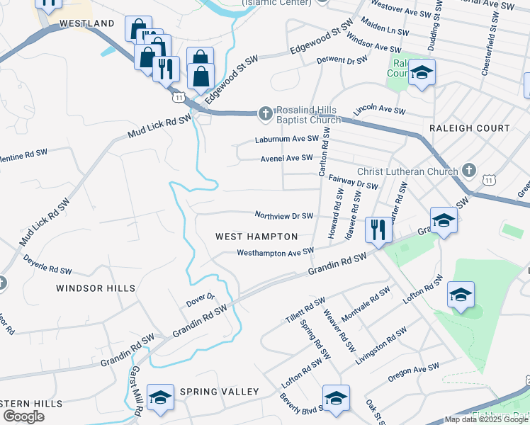 map of restaurants, bars, coffee shops, grocery stores, and more near 2725 Northview Drive Southwest in Roanoke