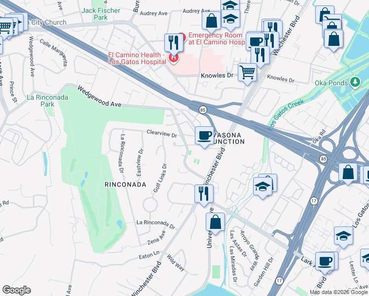 map of restaurants, bars, coffee shops, grocery stores, and more near 100 Strathmore Place in Los Gatos