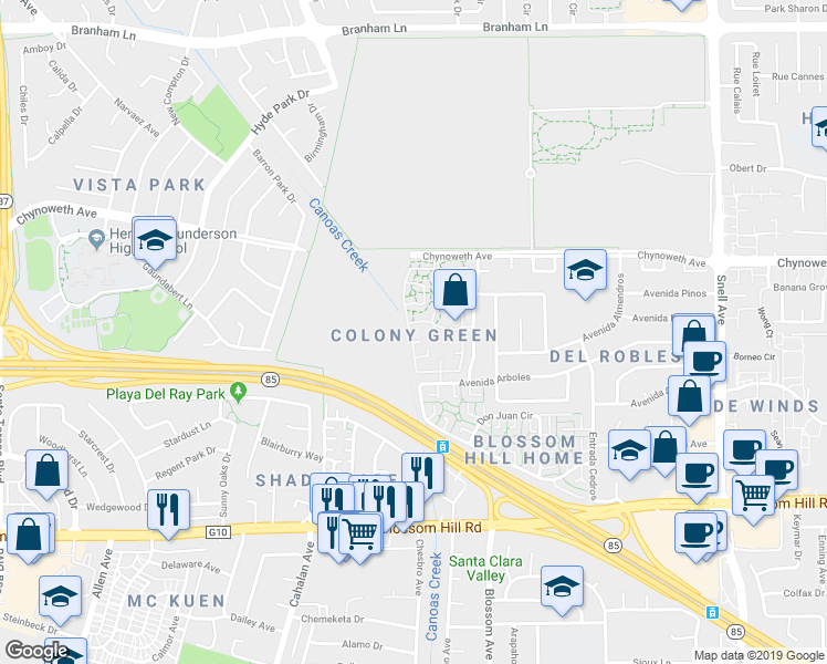 map of restaurants, bars, coffee shops, grocery stores, and more near 5446 Colony Field Drive in San Jose