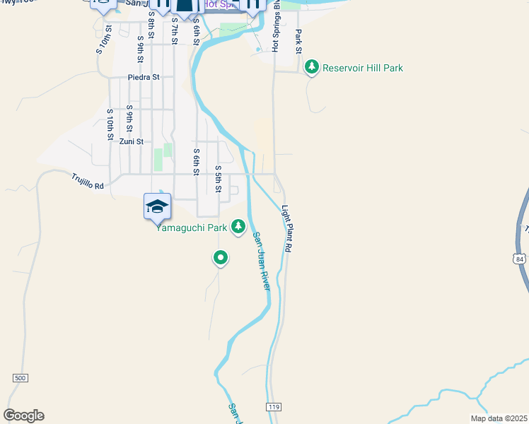map of restaurants, bars, coffee shops, grocery stores, and more near 658 South 3rd Street in Pagosa Springs