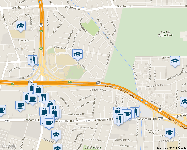 map of restaurants, bars, coffee shops, grocery stores, and more near 5236 Muirhouse Place in San Jose