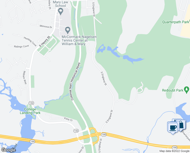 map of restaurants, bars, coffee shops, grocery stores, and more near South England Street in Williamsburg