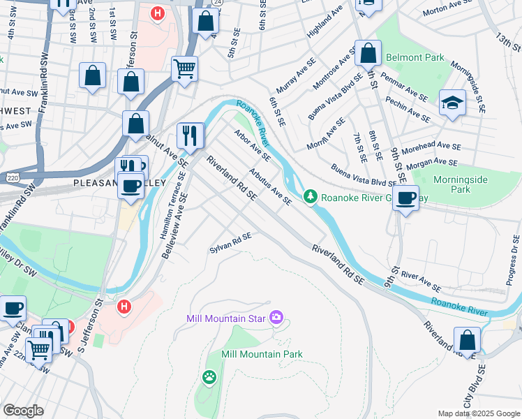 map of restaurants, bars, coffee shops, grocery stores, and more near 602 Virginia 116 in Roanoke