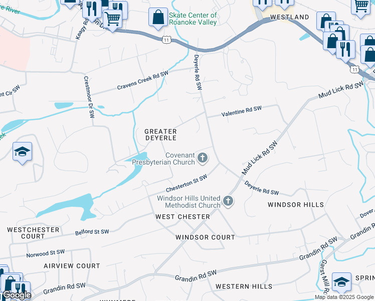 map of restaurants, bars, coffee shops, grocery stores, and more near 3735 Renfield Rd SW in Roanoke