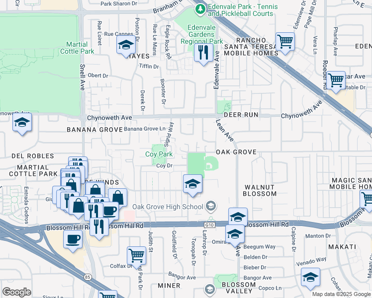 map of restaurants, bars, coffee shops, grocery stores, and more near 5393 Palm Grove Court in San Jose