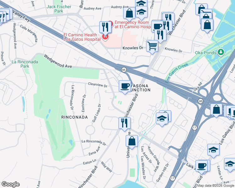map of restaurants, bars, coffee shops, grocery stores, and more near 101 Greenfield Place in Los Gatos