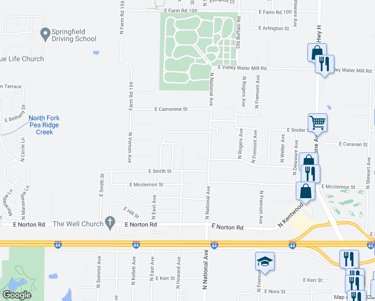 map of restaurants, bars, coffee shops, grocery stores, and more near 3220 North Howard Avenue in Springfield